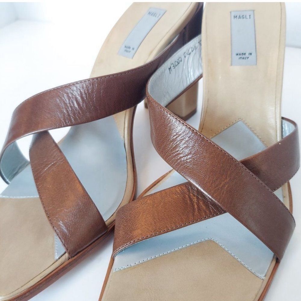 Bruno Magli Two-Tone Brown and Cream Crisscross Block Heel Mules - Picture 3 of 7